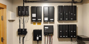 Electrical distribution panels and battery backup components are installed to support reliable facility power management.