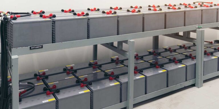 Rows of gray industrial UPS batteries on a two-tier storage rack, optimized by a battery management system for peak performance.