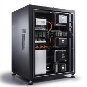 An open uninterruptible power supply cabinet showing electrical components and power modules that require regular inspection and battery replacement.